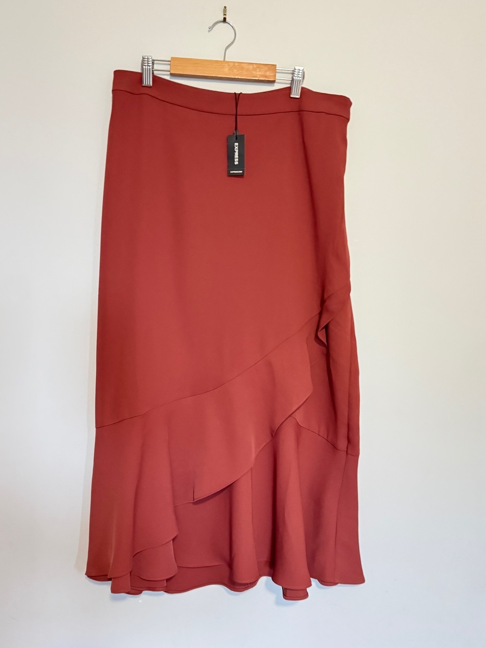 Express Rust Asymmetrical Ruffle Midi Skirt